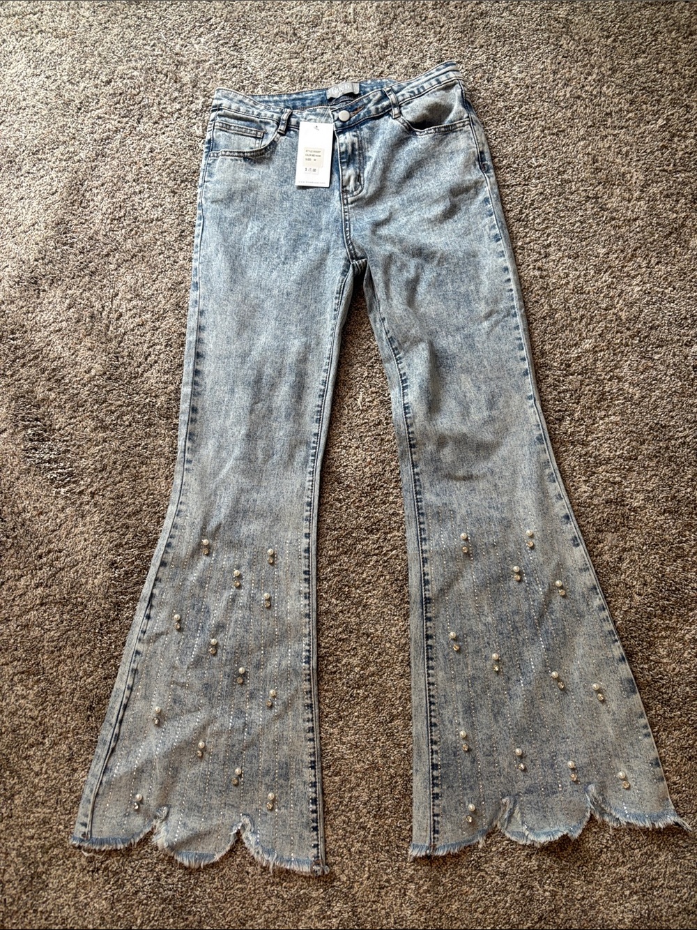 Light Blue Pearl-Embellished Flared Jeans - Women
